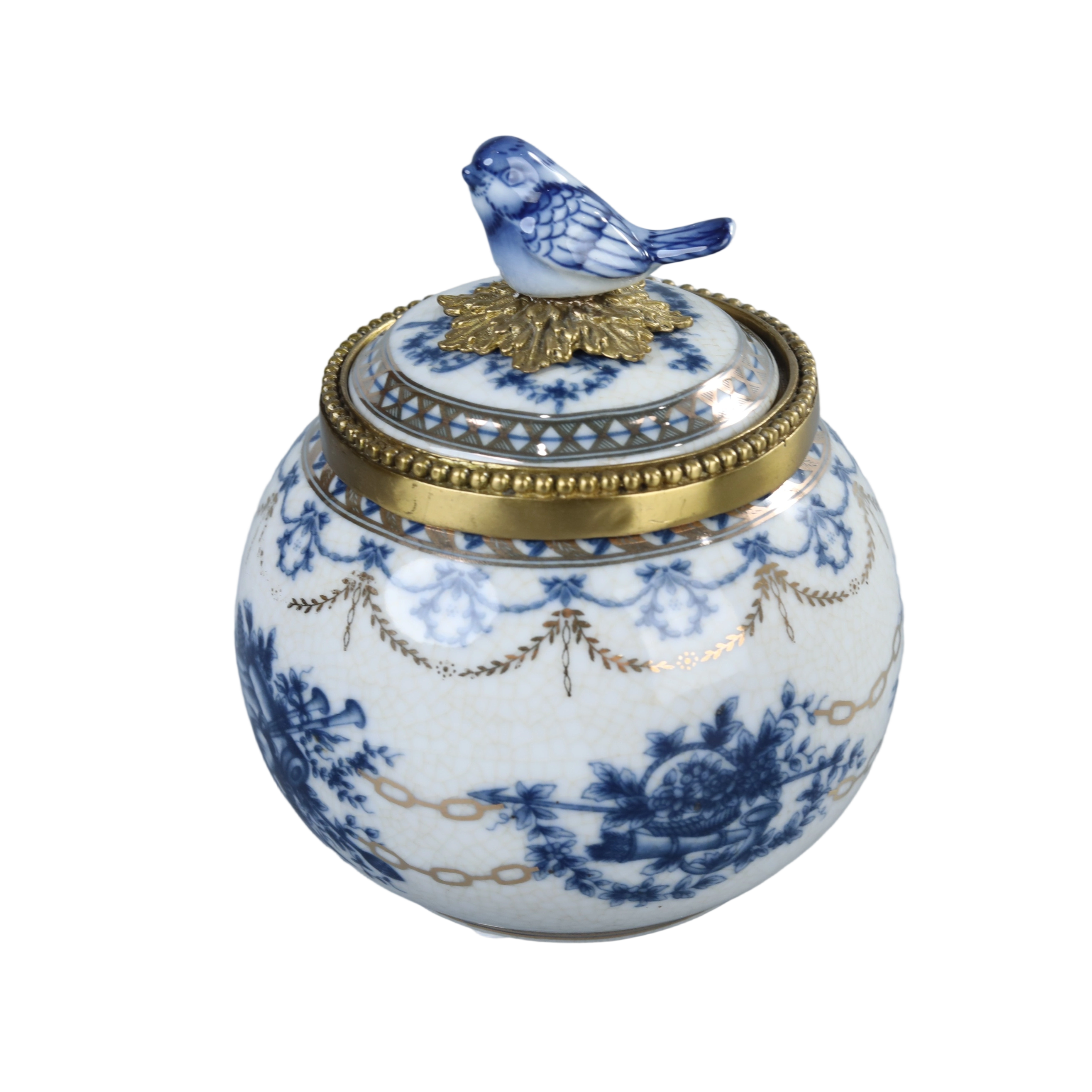 Covered jar with porcelain sparrow